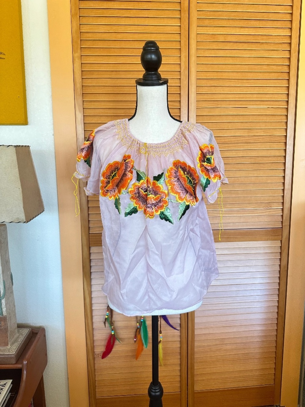 Vintage 1950s Embroidered MEXICAN Floral Blouse: SHEER Nylon Peasant Top